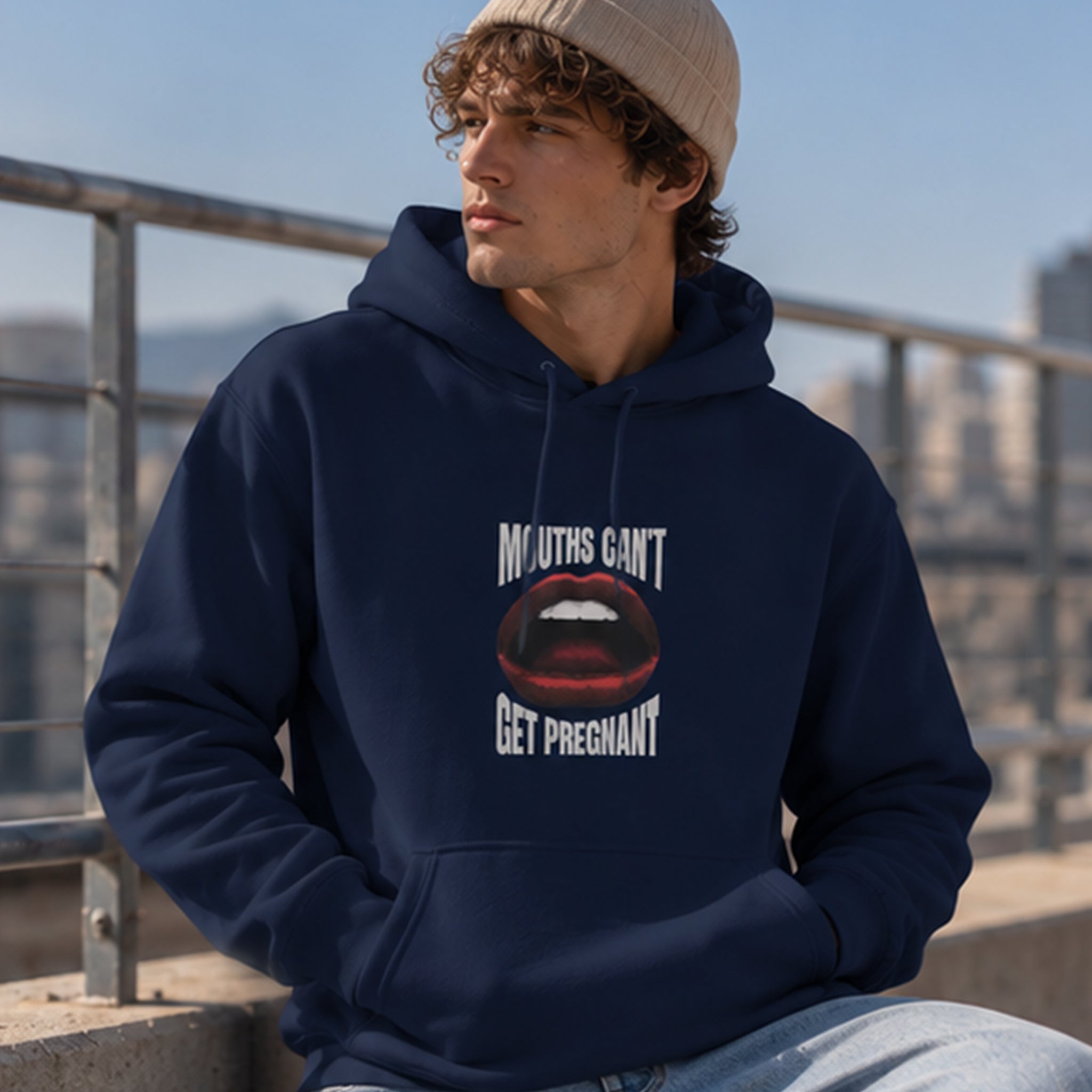Mouths Can't Get Pregnant Hoodie – Lacivert – model üzerinde ön görünüm