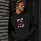 Mouths Can't Get Pregnant Hoodie – Siyah – model üzerinde ön görünüm