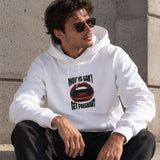 Mouths Can't Get Pregnant Hoodie – Beyaz – model üzerinde ön görünüm