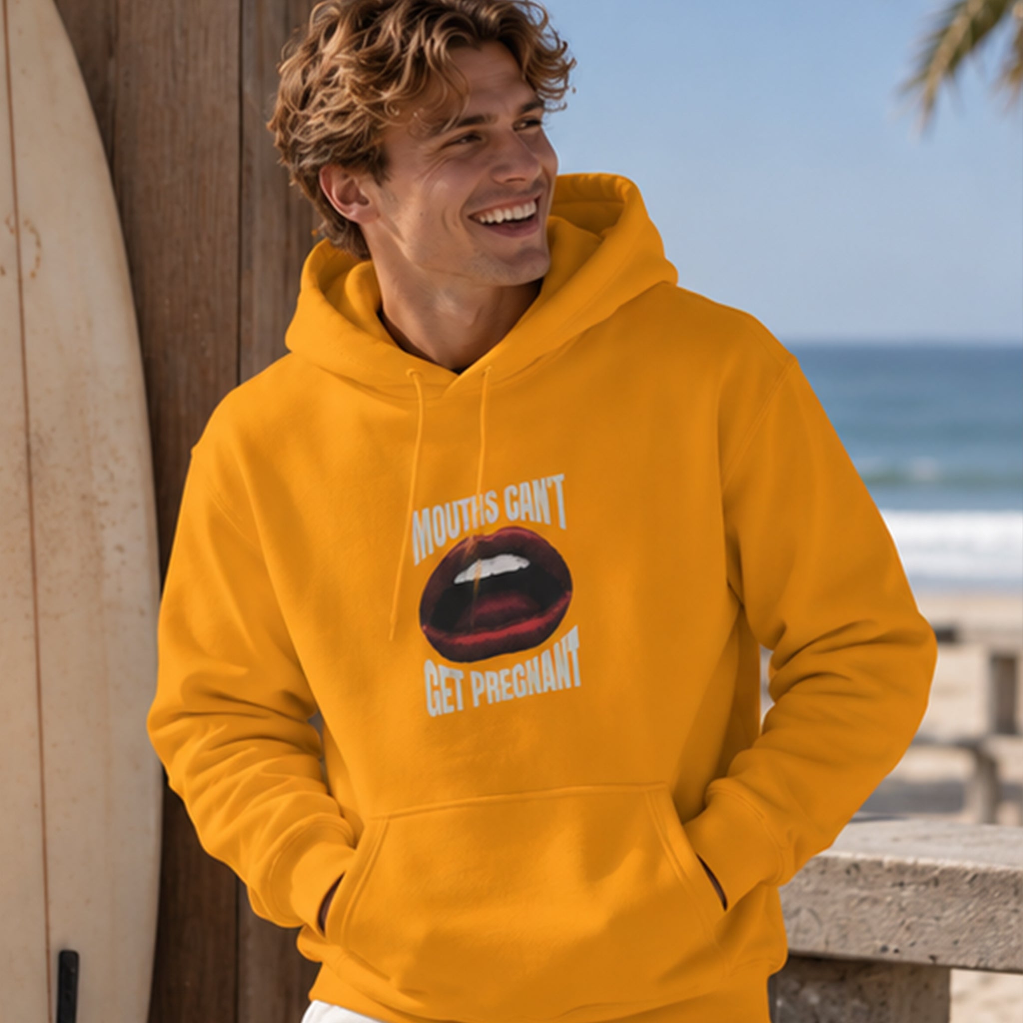 Mouths Can't Get Pregnant Hoodie – Turuncu – model üzerinde ön görünüm