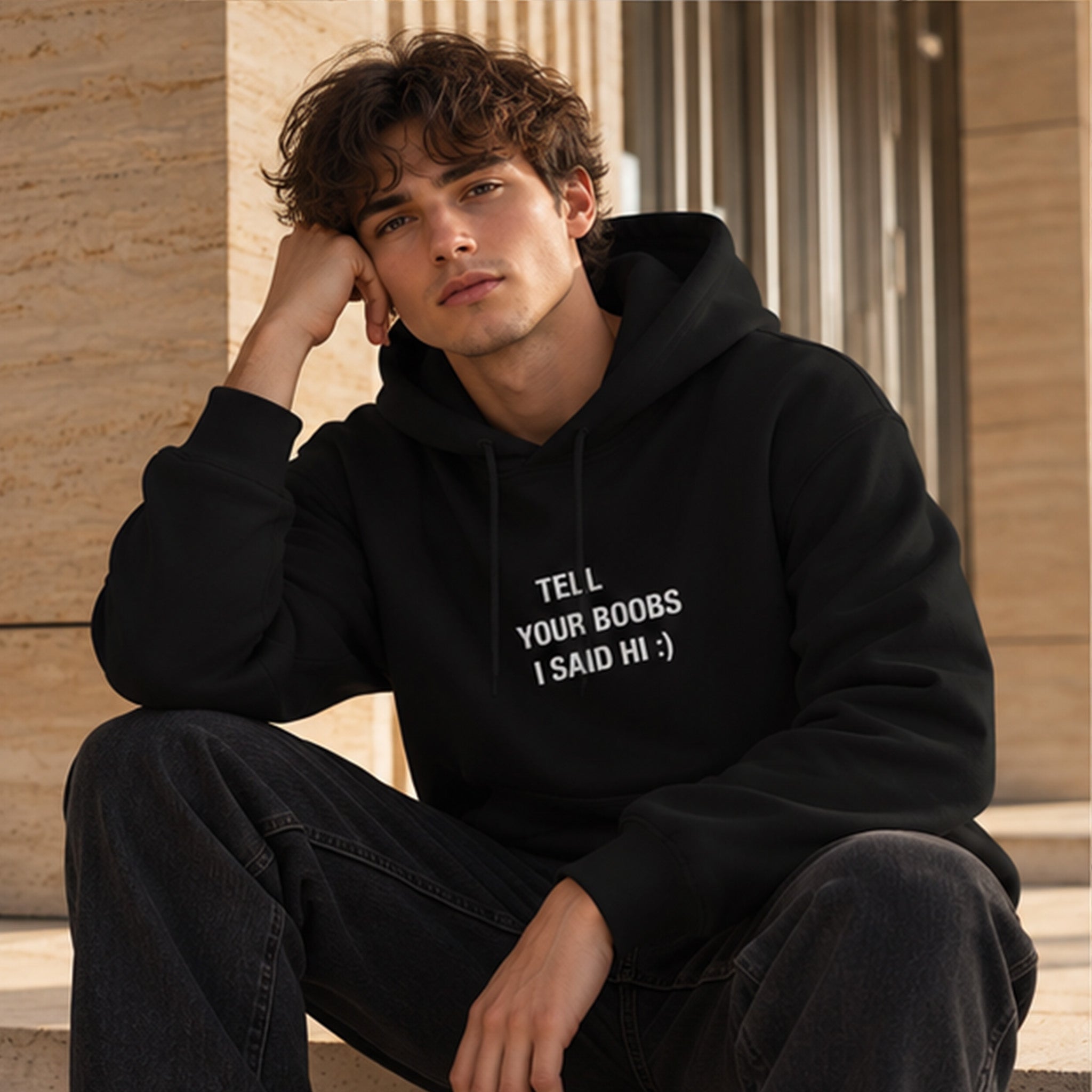Tell Your Boobs Hoodie – Siyah – model üzerinde ön görünüm