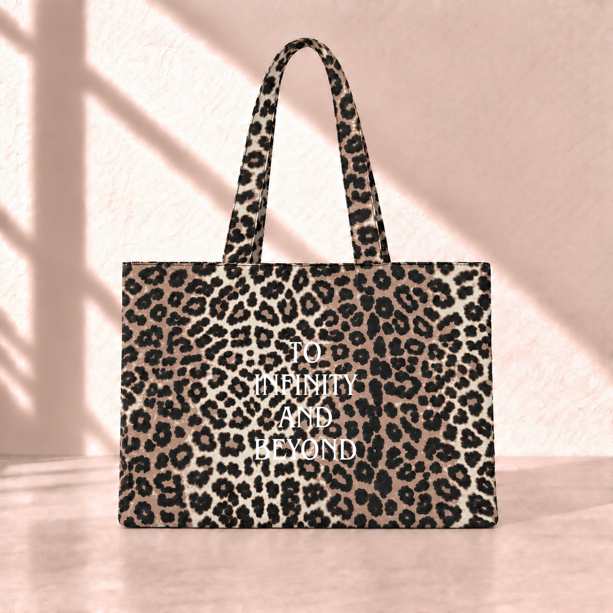 To Infinity And Beyond Leopard Tote Bag saf beyaz yazı