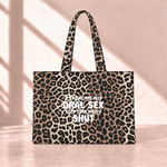 Keep Your Mouth Shut Leopard Tote Bag saf beyaz yazı