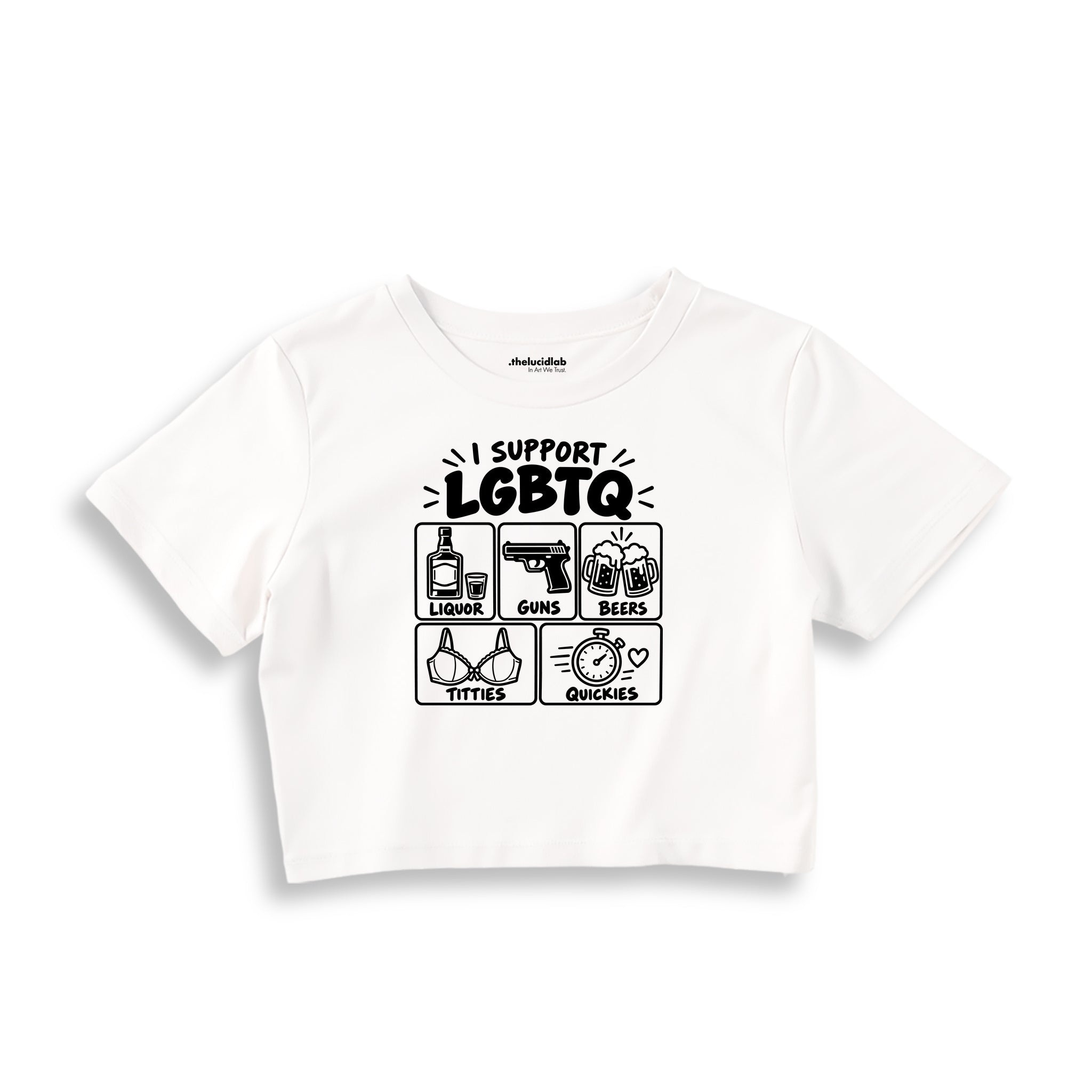 I Support LGBTQ Crop Tişört – Beyaz – ön ana baskı
