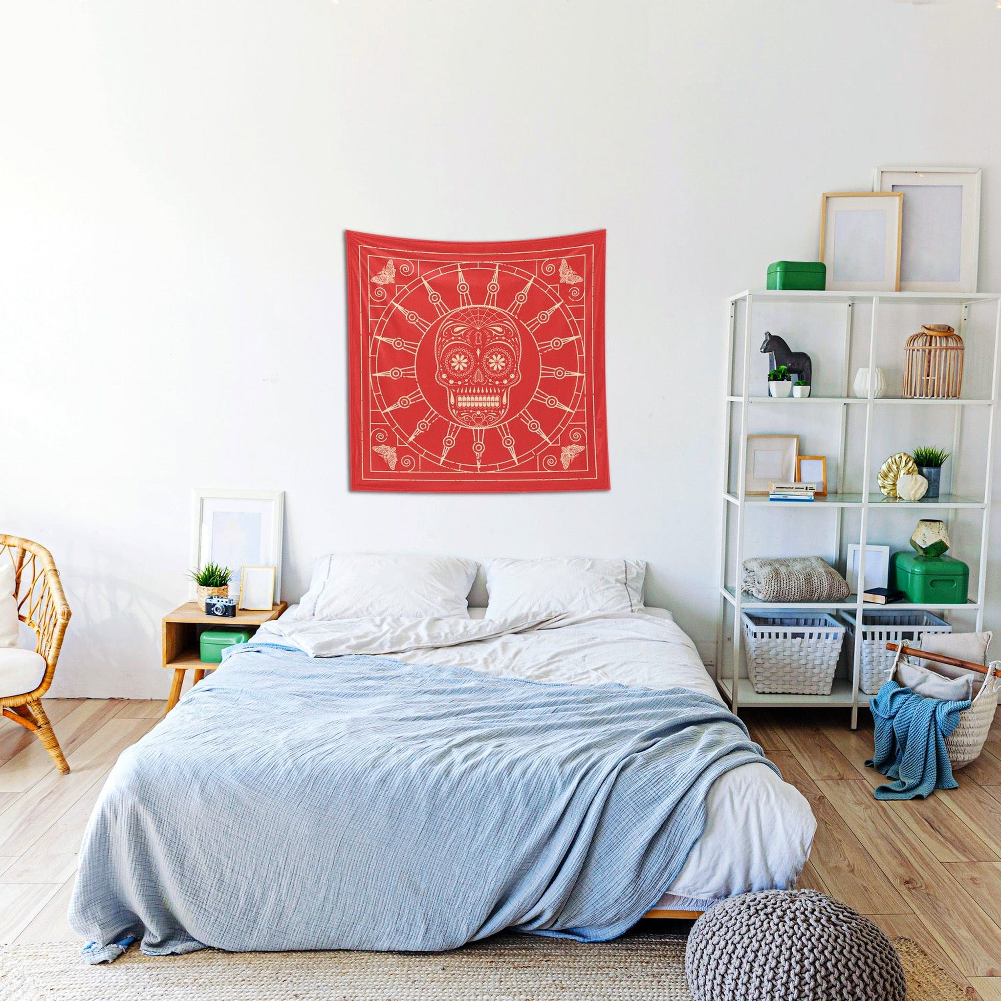 Mexican Skull Soft Red Mandala Duvar Örtüsü