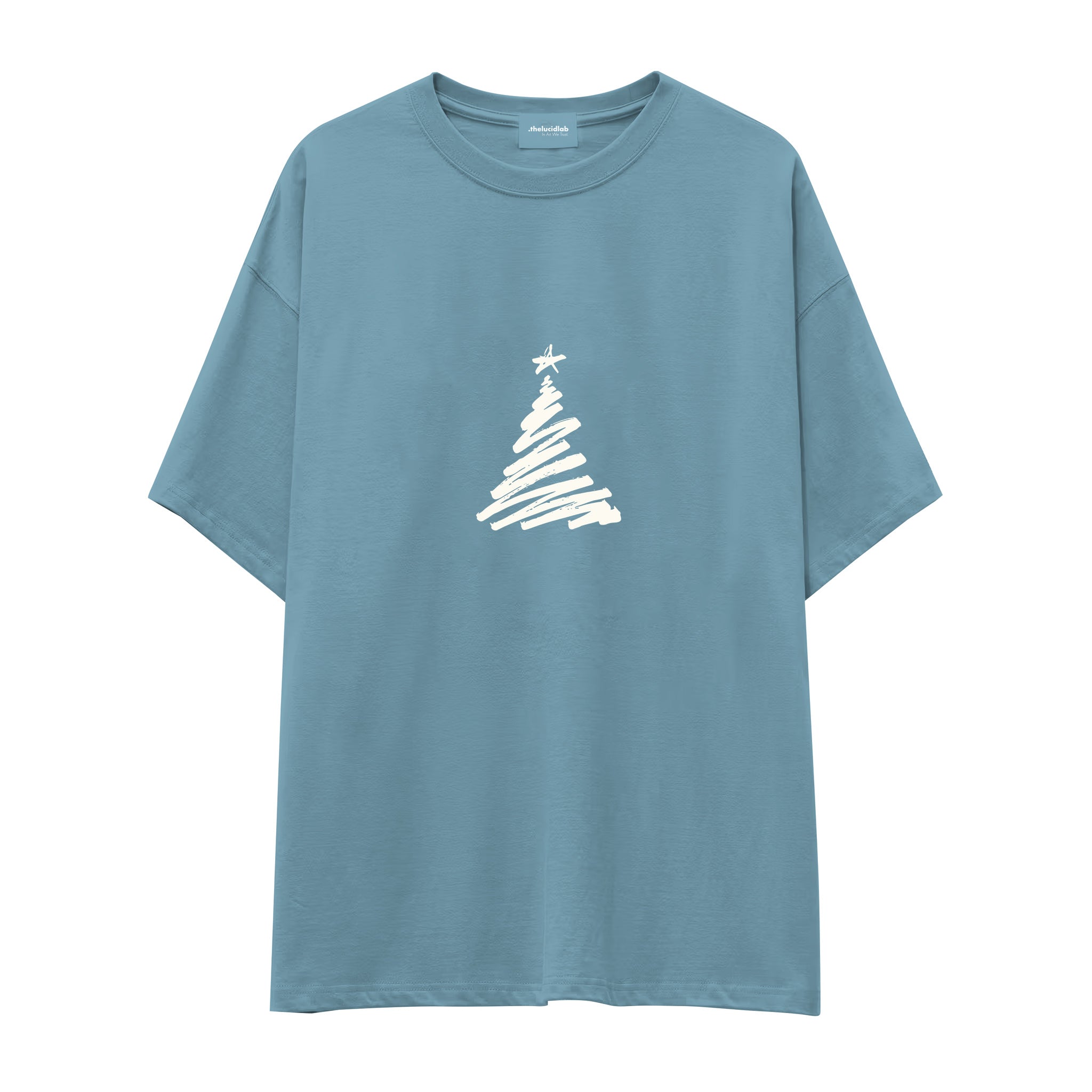 Minimal Christmas Tree Oversize Tişört Çelik Mavi Ön