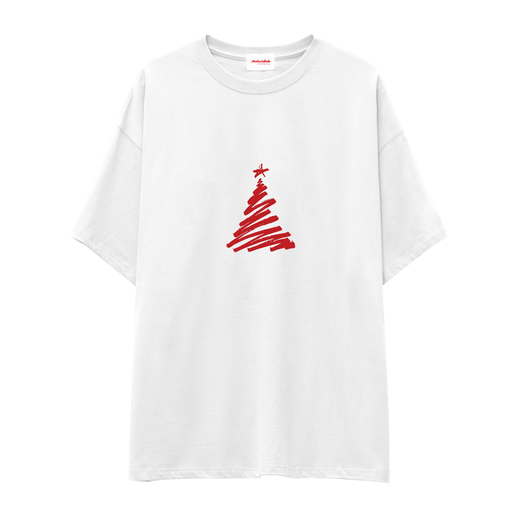 Minimal Christmas Tree Oversize Tişört Beyaz Ön