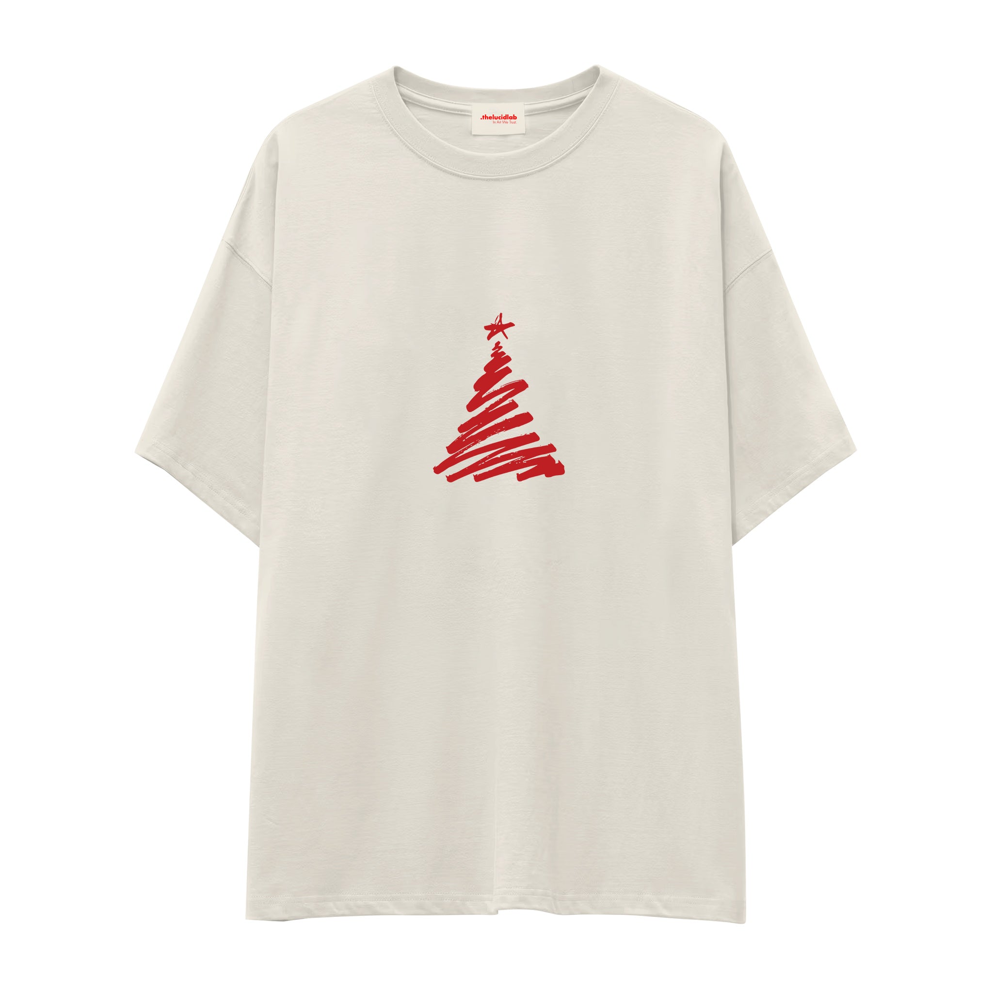 Minimal Christmas Tree Oversize Tişört Ekru Ön