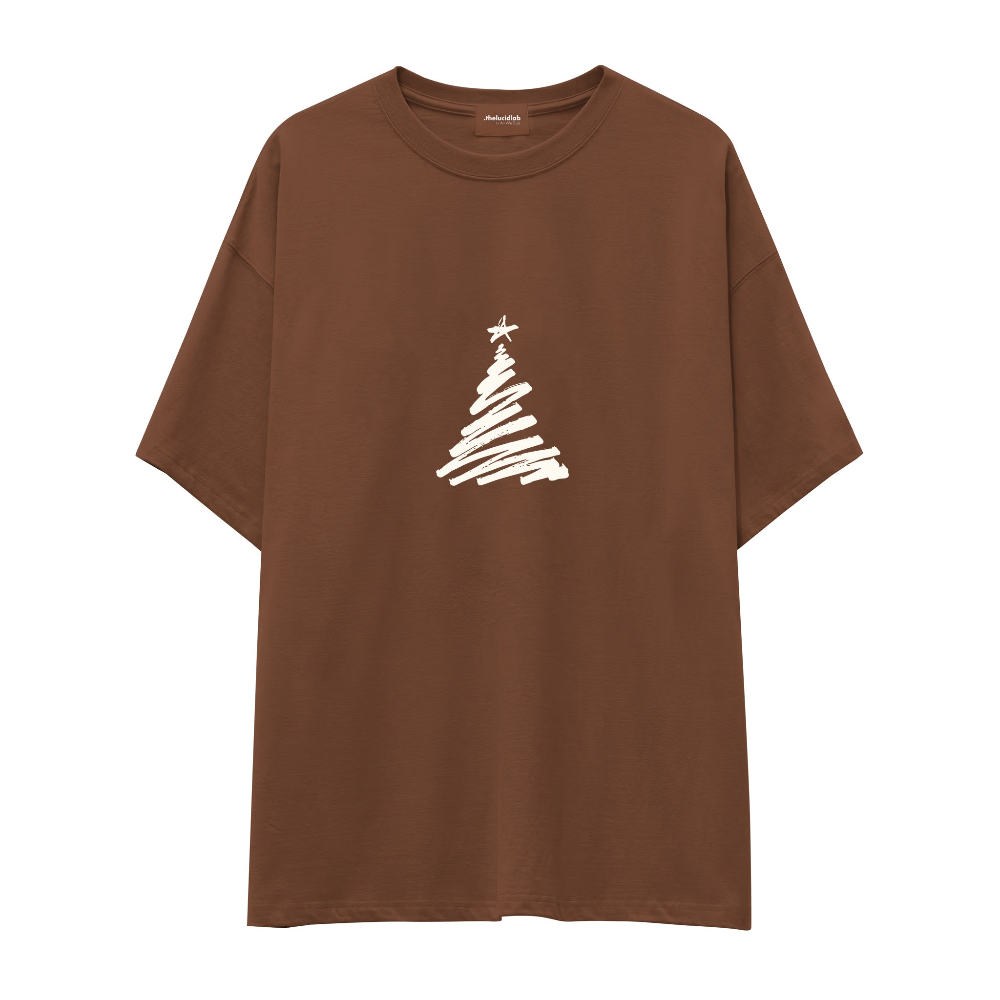 Minimal Christmas Tree Oversize Tişört Kahverengi Ön