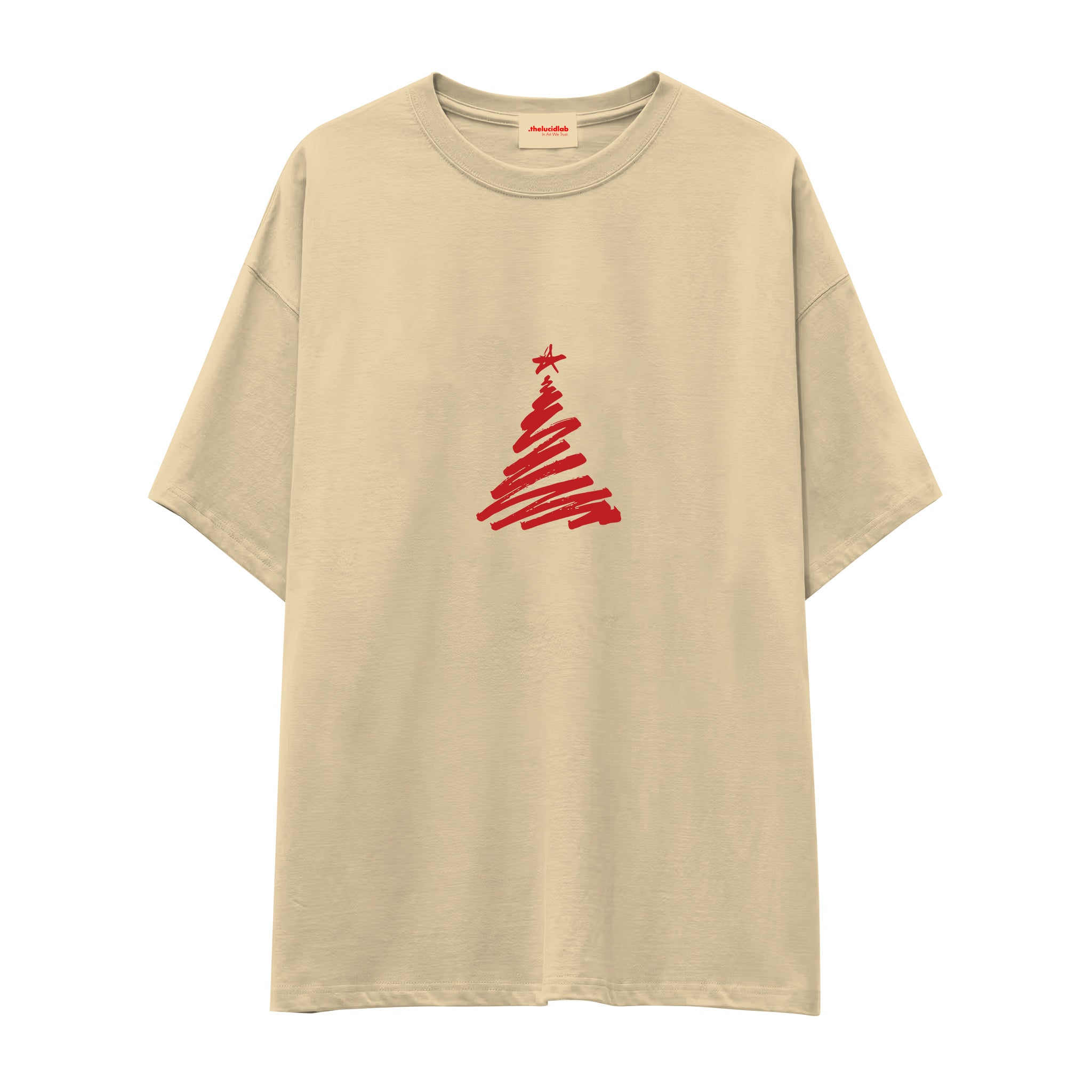 Minimal Christmas Tree Oversize Tişört Krem Ön