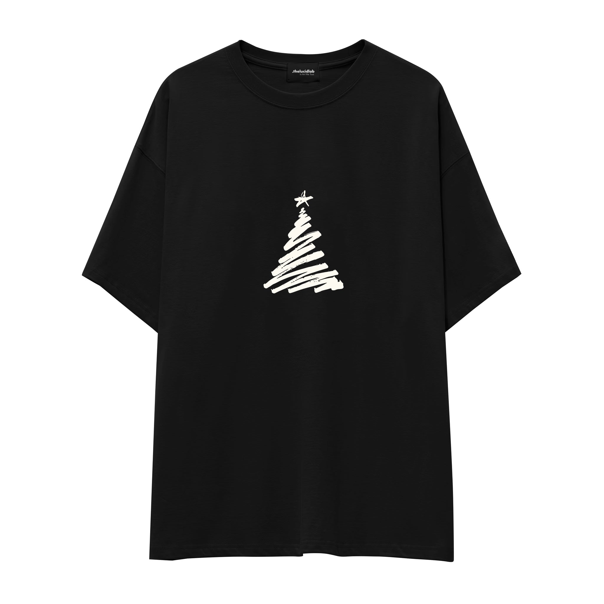 Minimal Christmas Tree Oversize Tişört Siyah Ön
