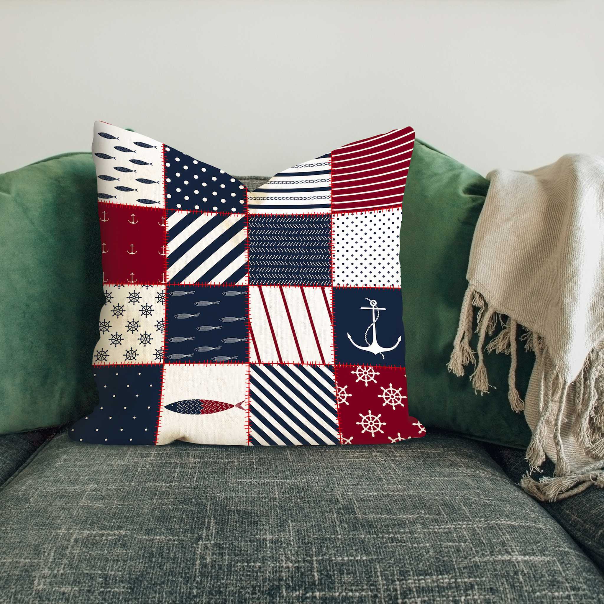 Marine Patchwork Çift Taraflı Kırlent Kılıfı 2 Adet
