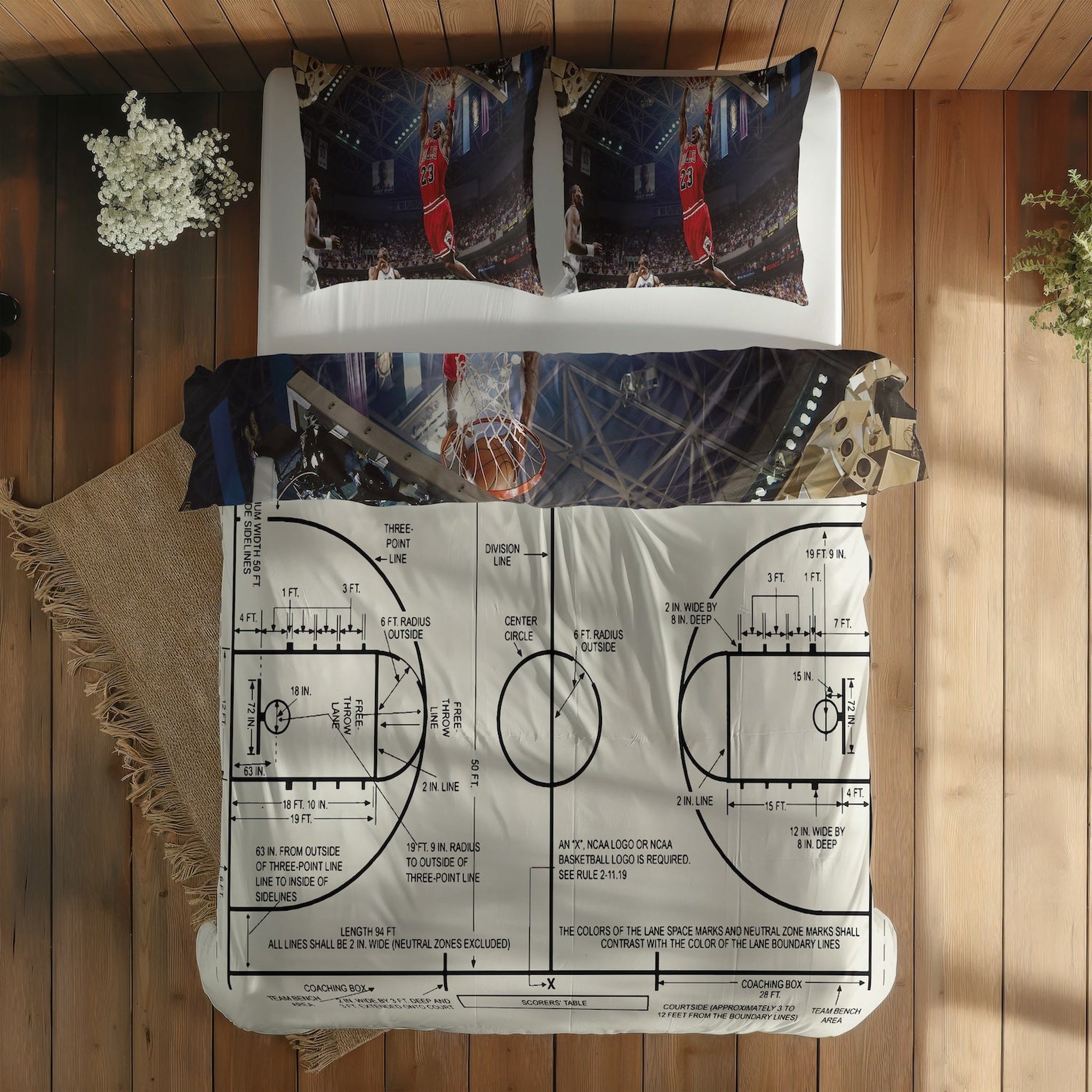 Michael Jordan Chicago Bulls 1997 & Basketball Court Ivory Çift Taraflı Nevresim Takımı