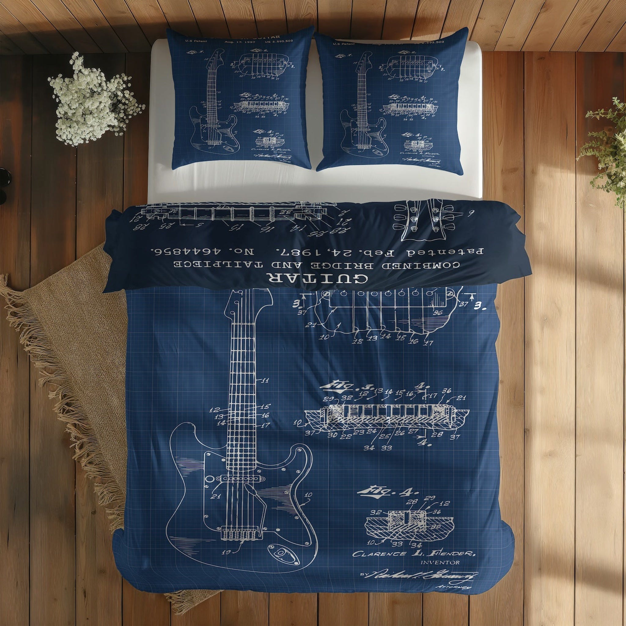 Fender Stratocaster Blueprint & Gibson Les Paul Navy Blue Çift Taraflı Nevresim Takımı