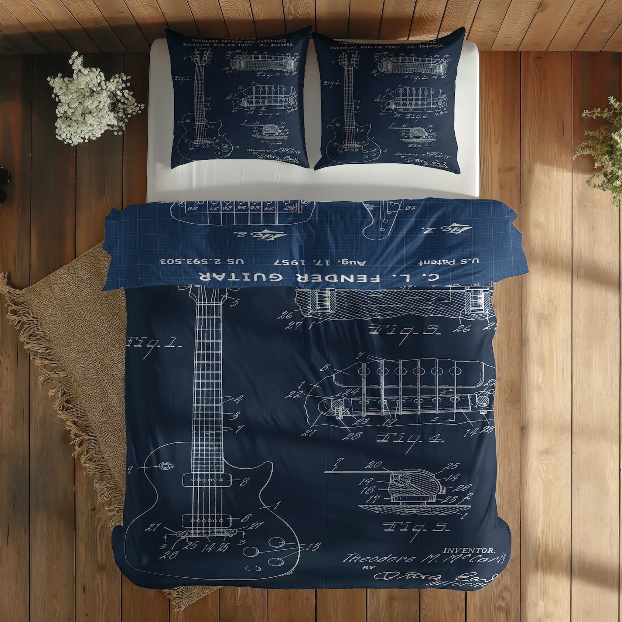 Fender Stratocaster Blueprint & Gibson Les Paul Navy Blue Çift Taraflı Nevresim Takımı
