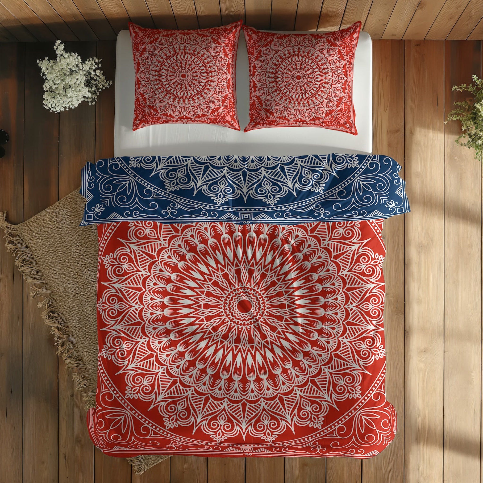 Red / Blue Bohemian Mandala Çift Taraflı Nevresim Takımı