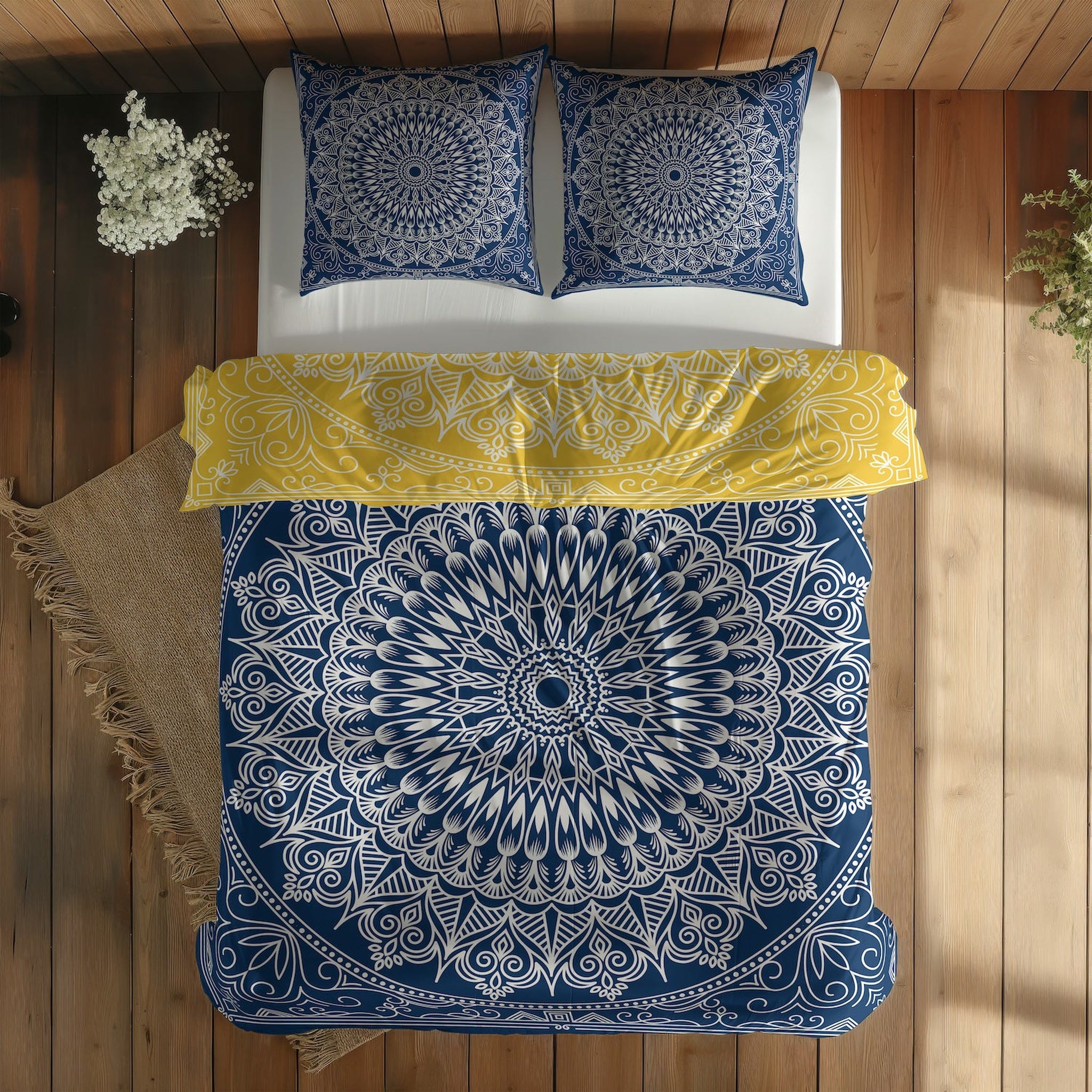 Yellow / Blue Bohemian Mandala Çift Taraflı Nevresim Takımı