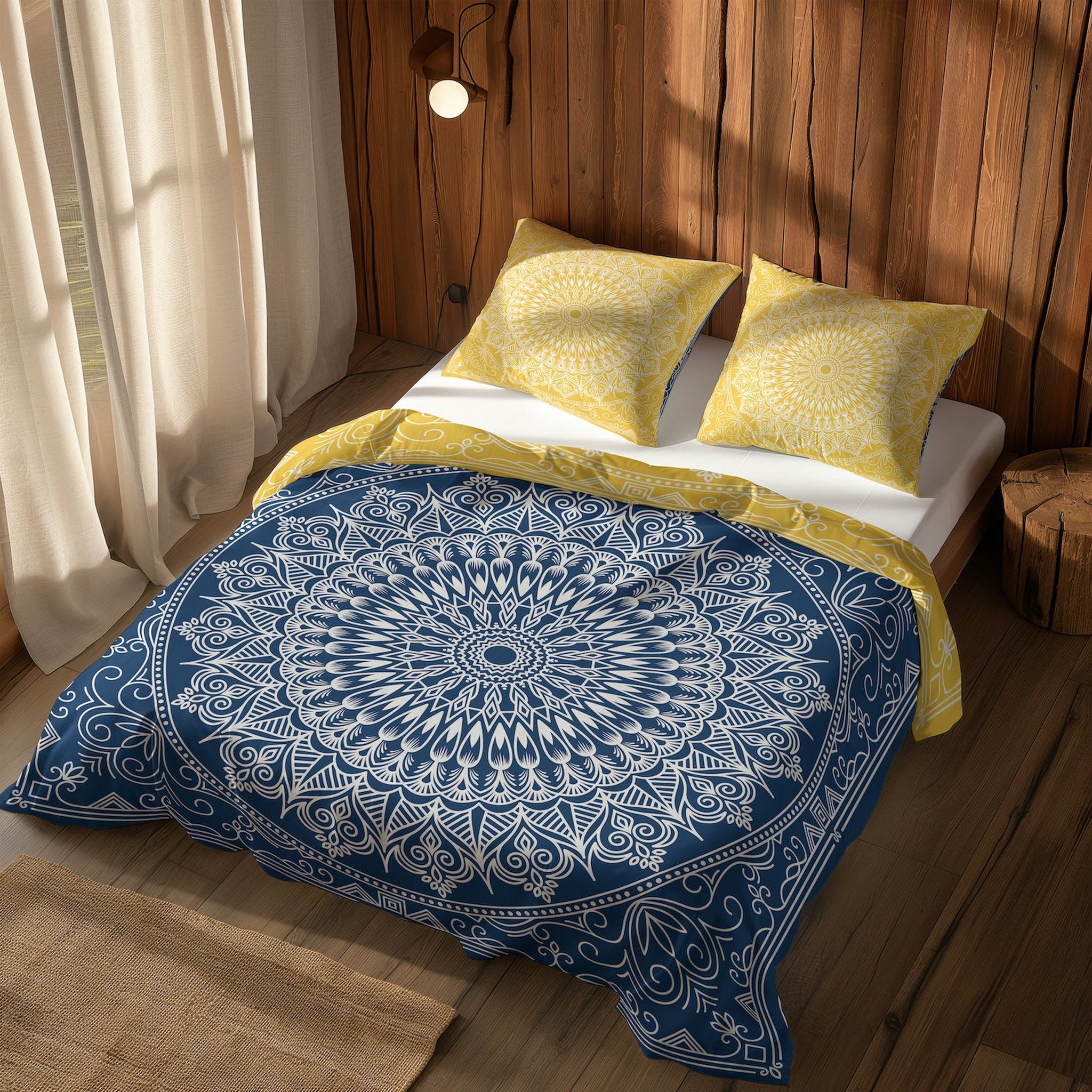 Yellow / Blue Bohemian Mandala Çift Taraflı Nevresim Takımı