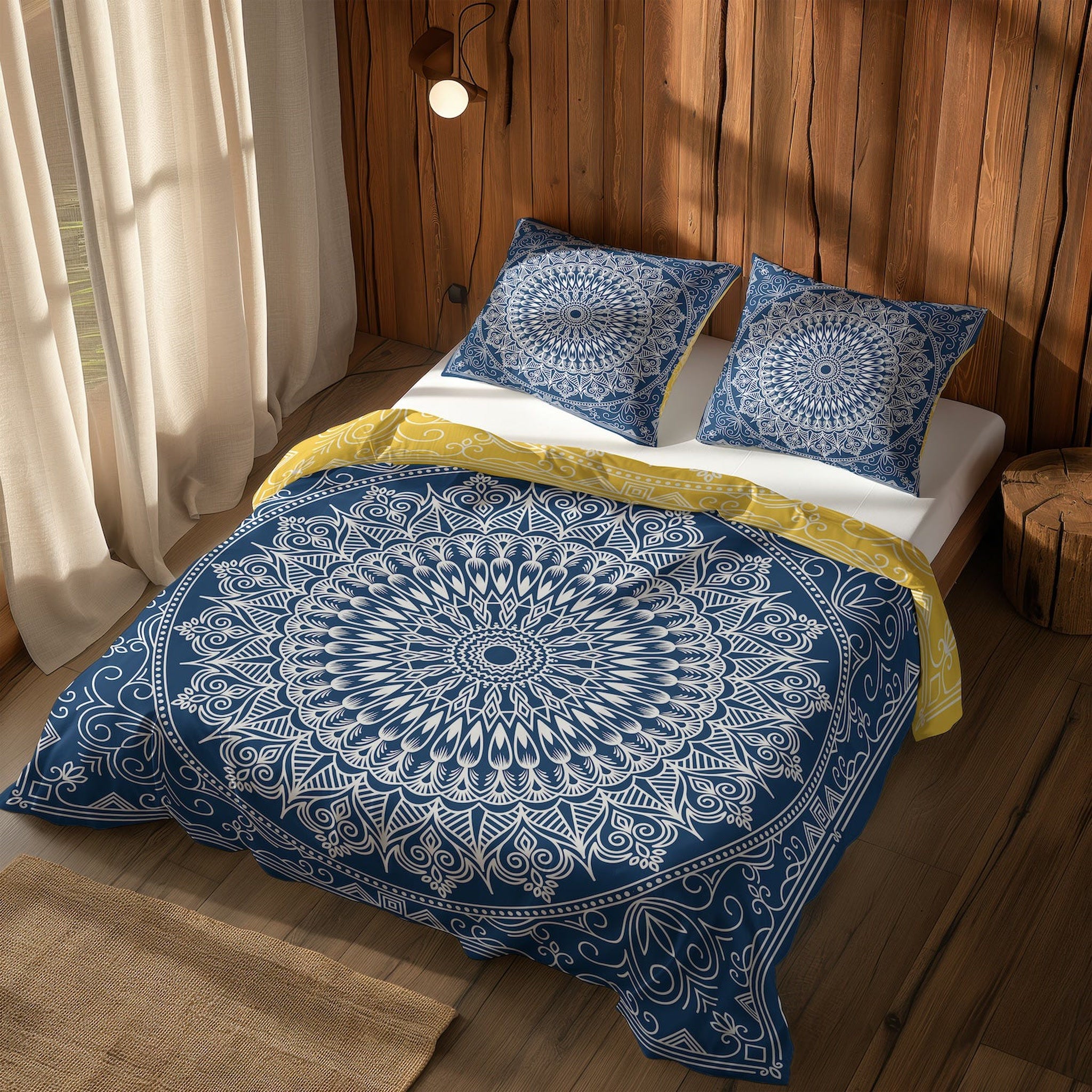 Yellow / Blue Bohemian Mandala Çift Taraflı Nevresim Takımı