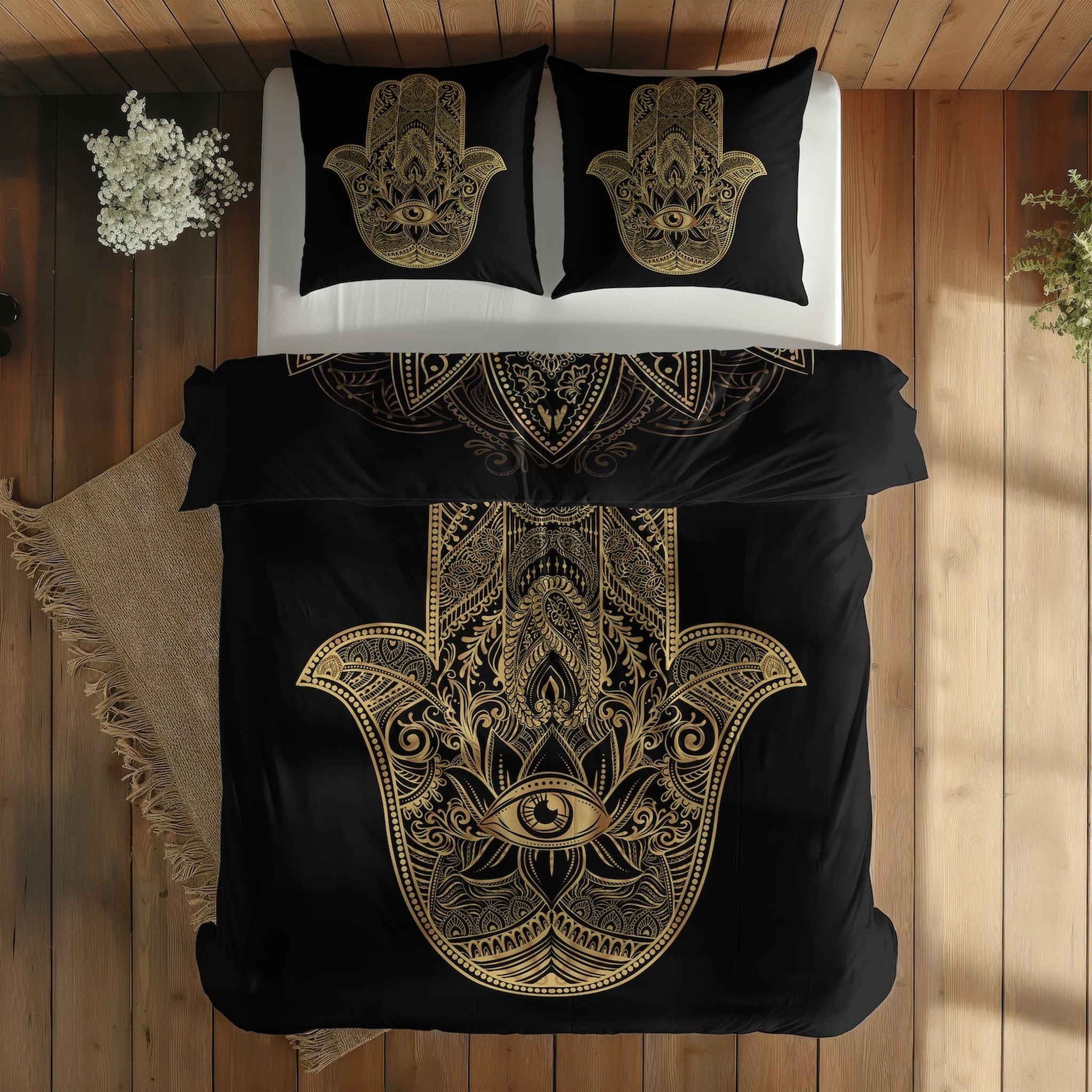 Gold Hamsa & Golden Lotus Çift Taraflı Nevresim Takımı