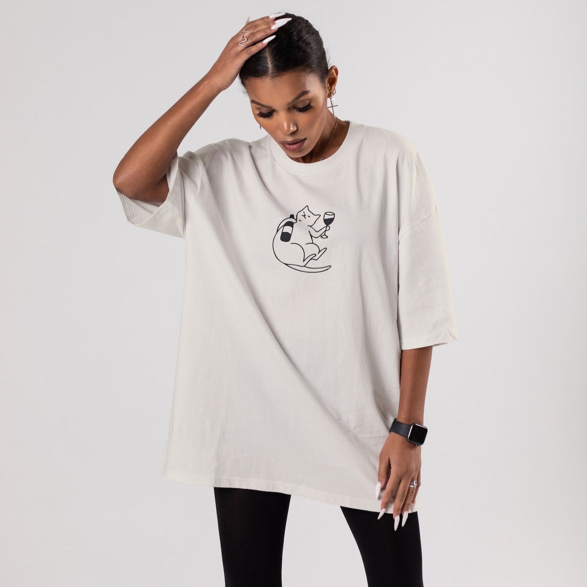 Wine Lover Cat Oversize Tişört