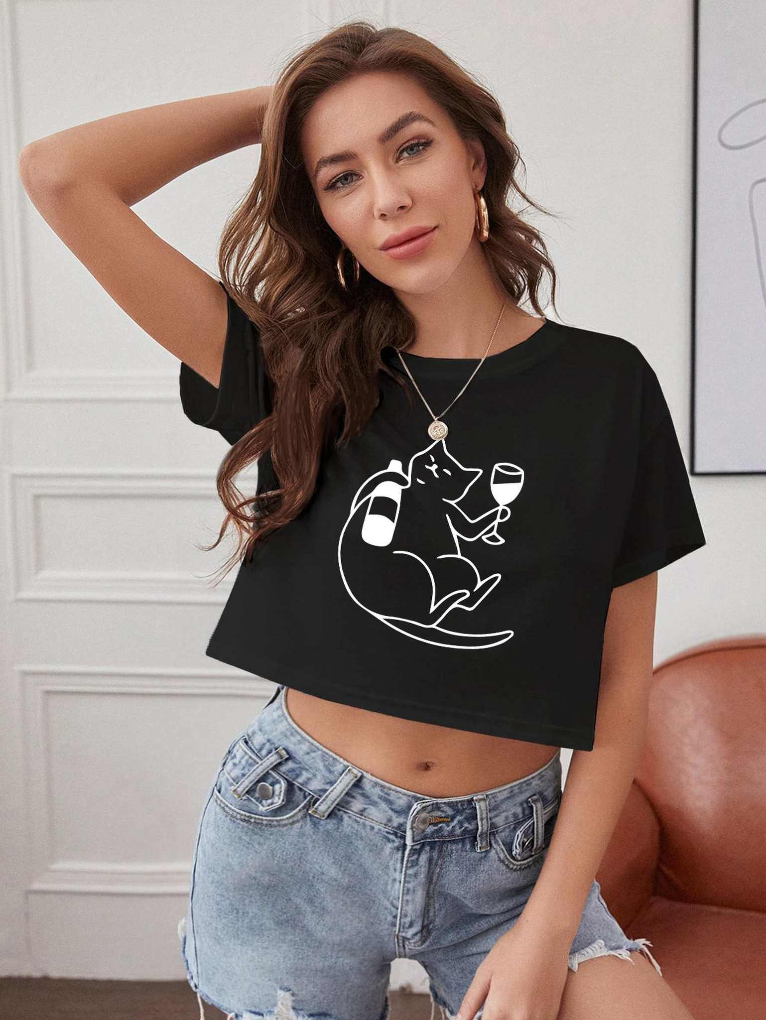 Wine Lover Cat Crop Tişört