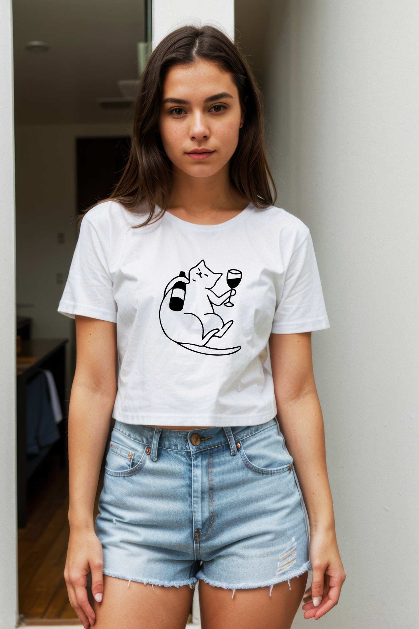 Wine Lover Cat Crop Tişört