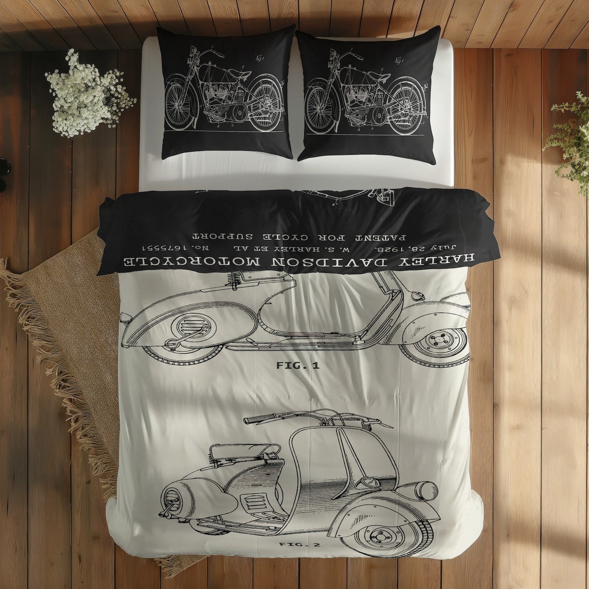 Vespa Ivory & Harley Davidson Model 28B Chalkboard Çift Taraflı Nevresim Takımı