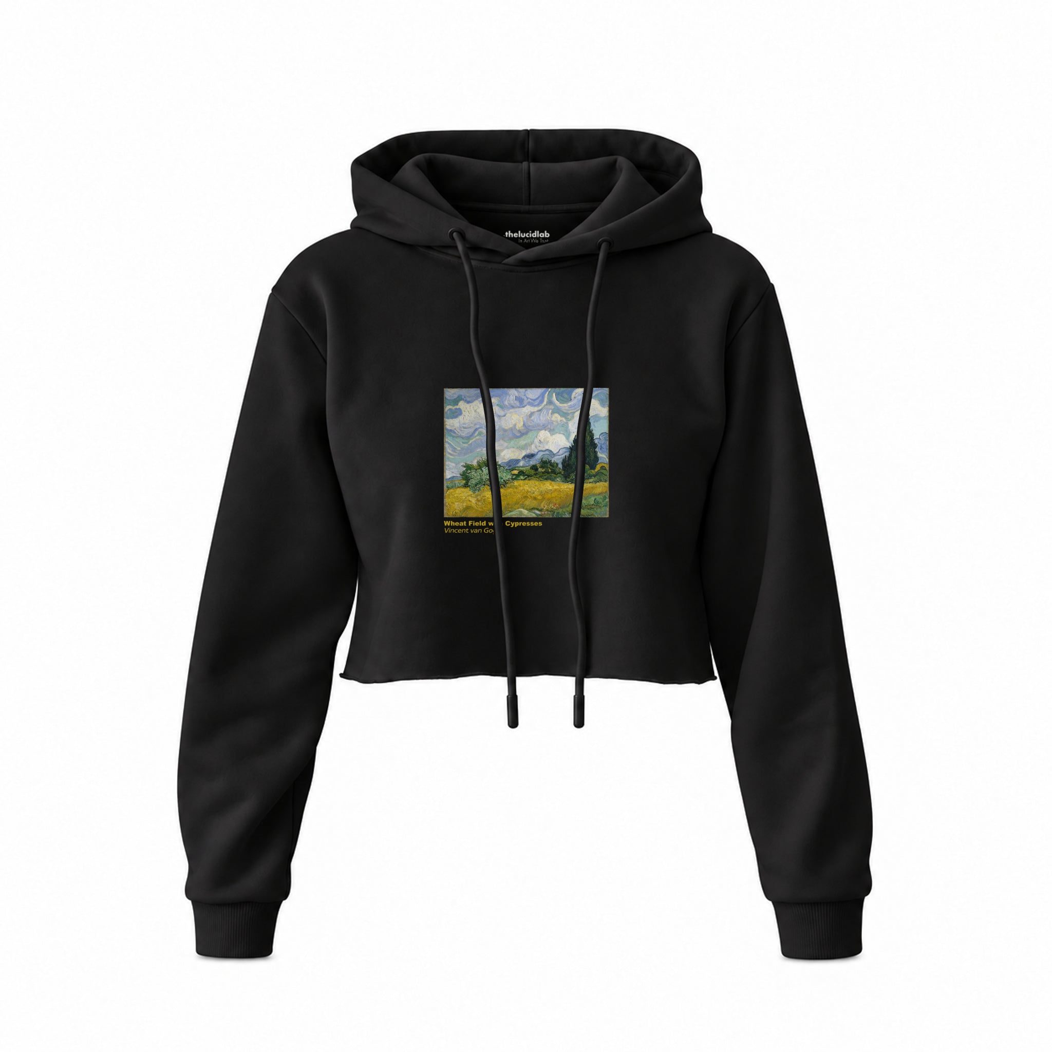 Wheat Field with Cypresses Crop Hoodie – Siyah