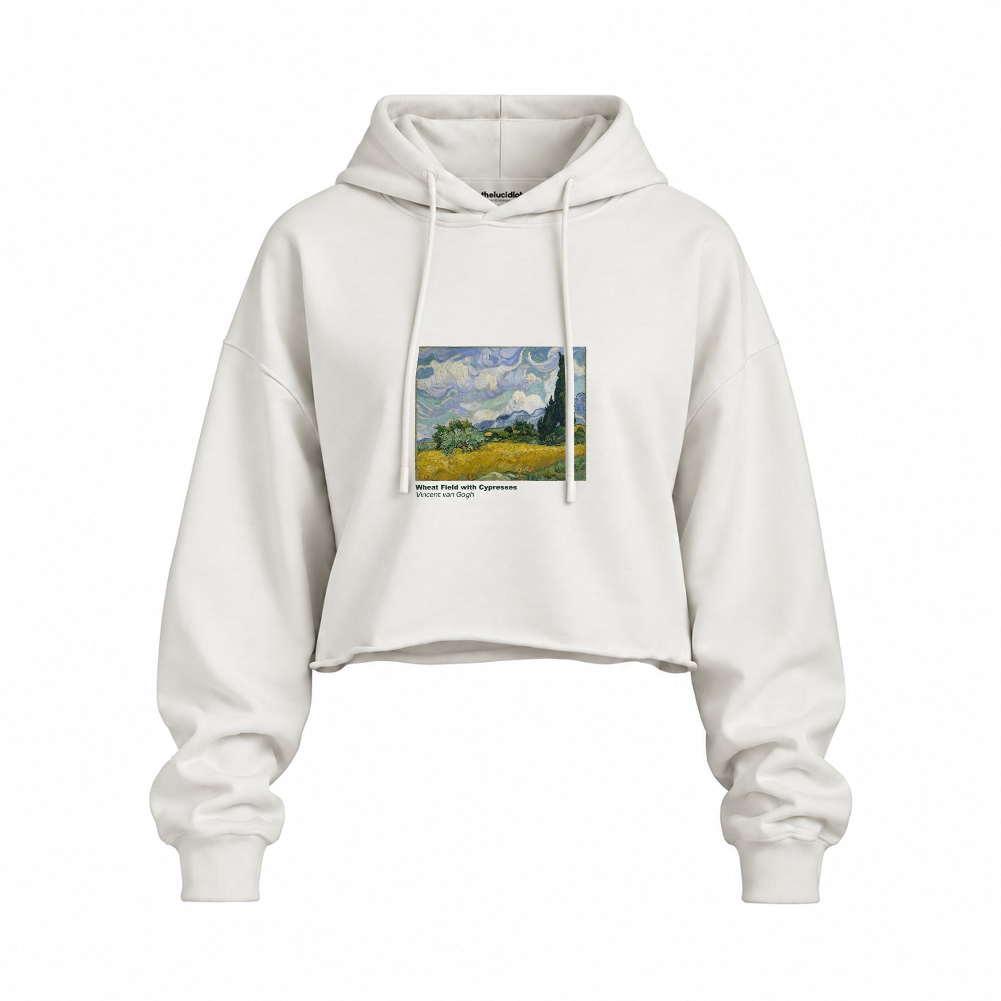 Wheat Field with Cypresses Oversize Crop Hoodie – Beyaz