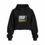 Wheat Field with Cypresses Oversize Crop Hoodie – Siyah