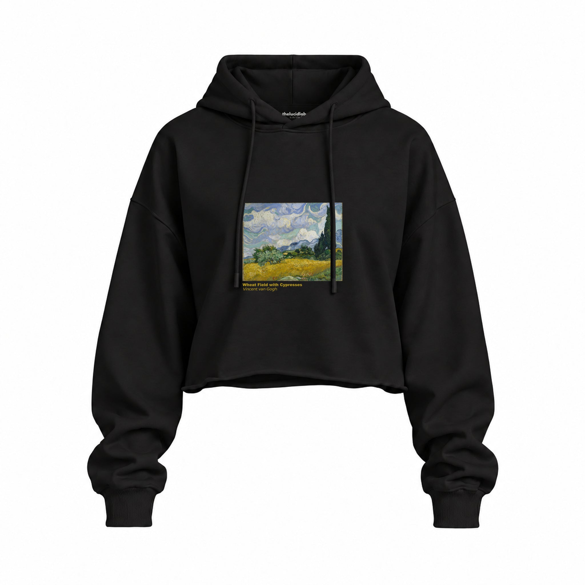 Wheat Field with Cypresses Oversize Crop Hoodie – Siyah