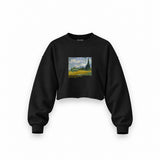 Wheat Field with Cypresses Oversize Crop Sweatshirt – Siyah