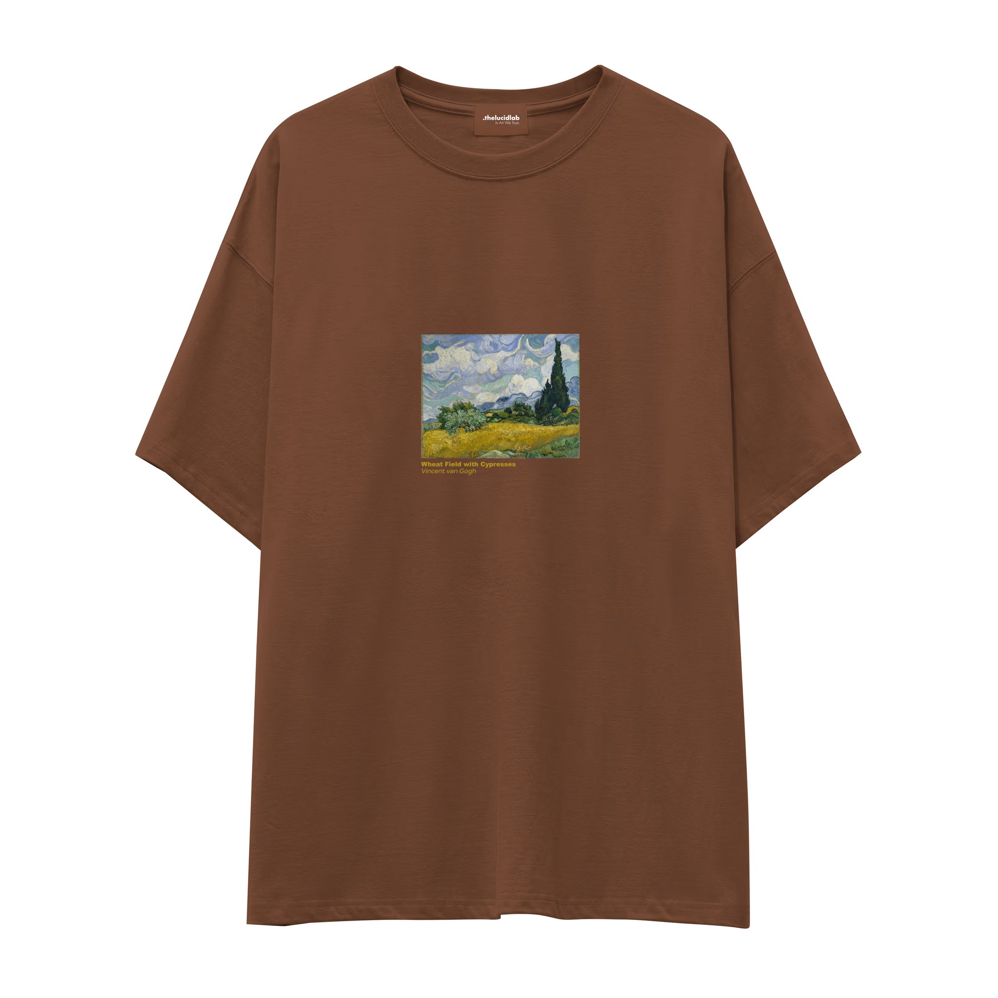 Wheat Field with Cypresses Oversize Tişört – Kahverengi