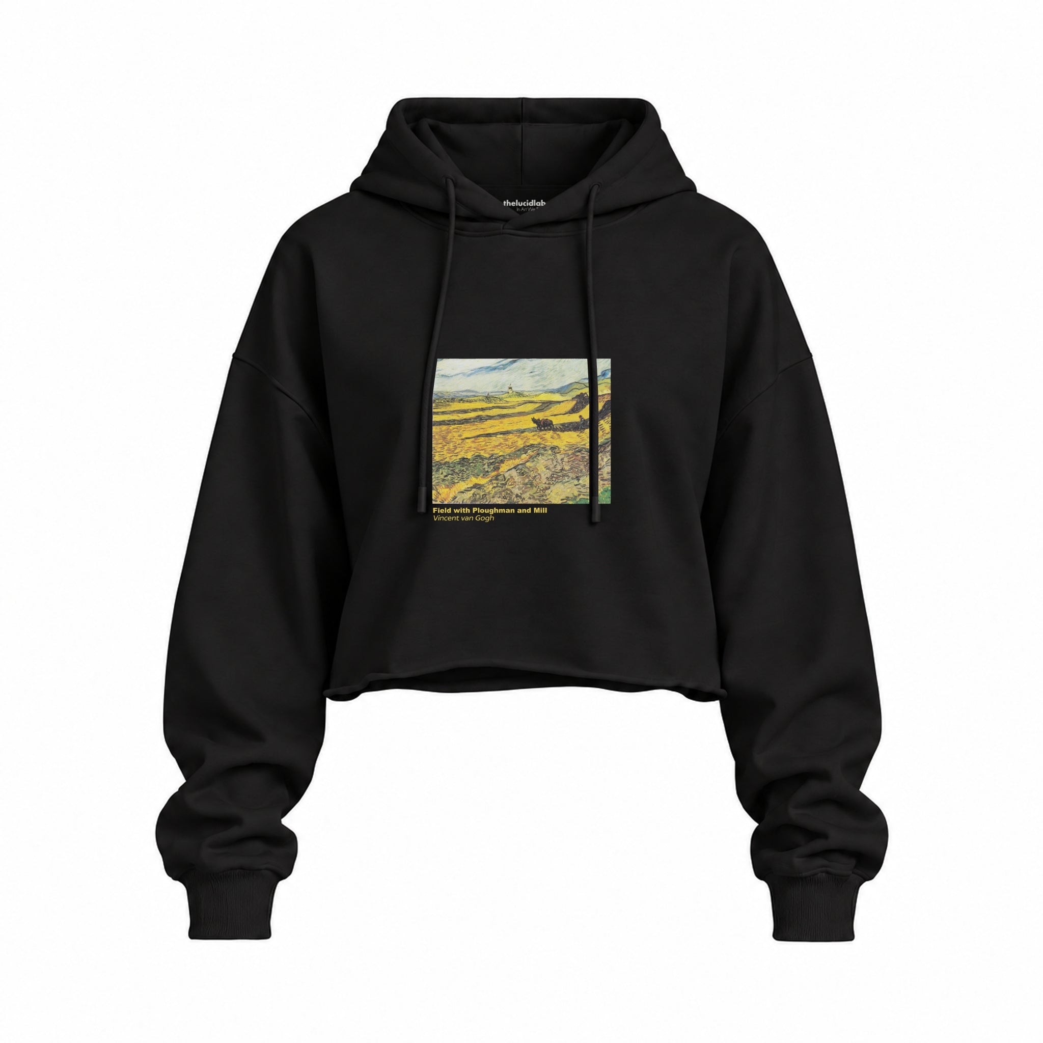 Field with Ploughman and Mill Oversize Crop Hoodie – Siyah
