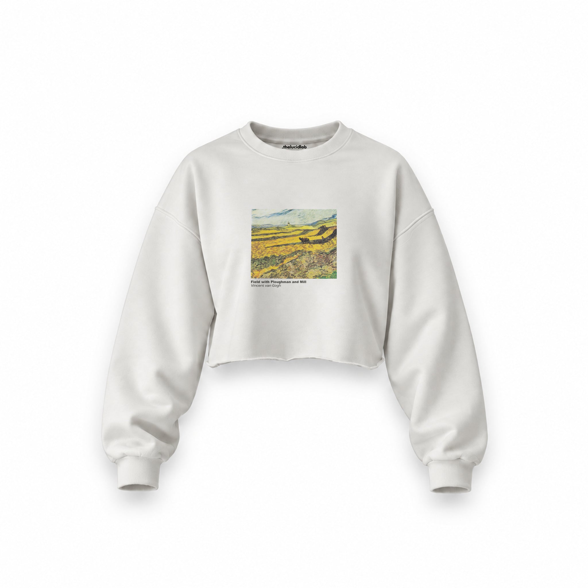 Field with Ploughman and Mill Oversize Crop Sweatshirt – Beyaz