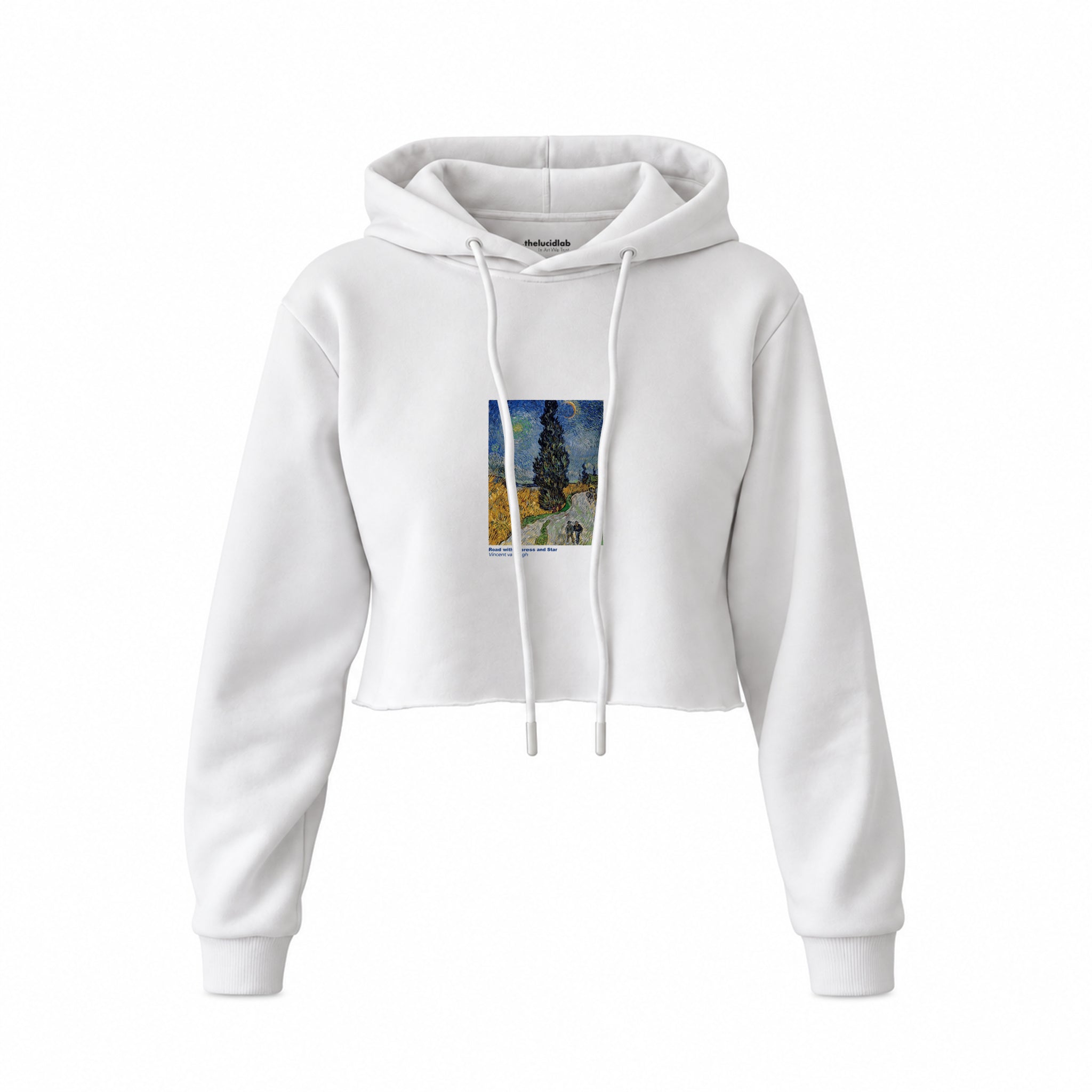 Road with Cypress and Star Crop Hoodie – Beyaz