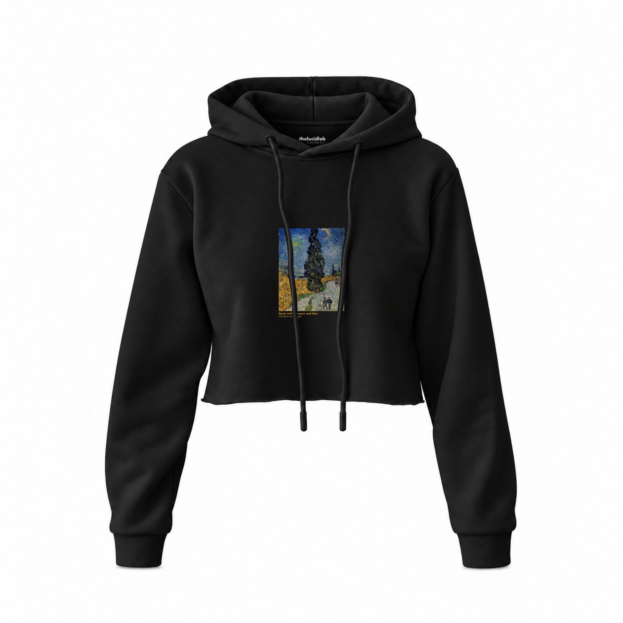 Road with Cypress and Star Crop Hoodie – Siyah
