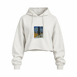 Road with Cypress and Star Oversize Crop Hoodie – Beyaz