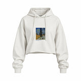 Road with Cypress and Star Oversize Crop Hoodie – Beyaz