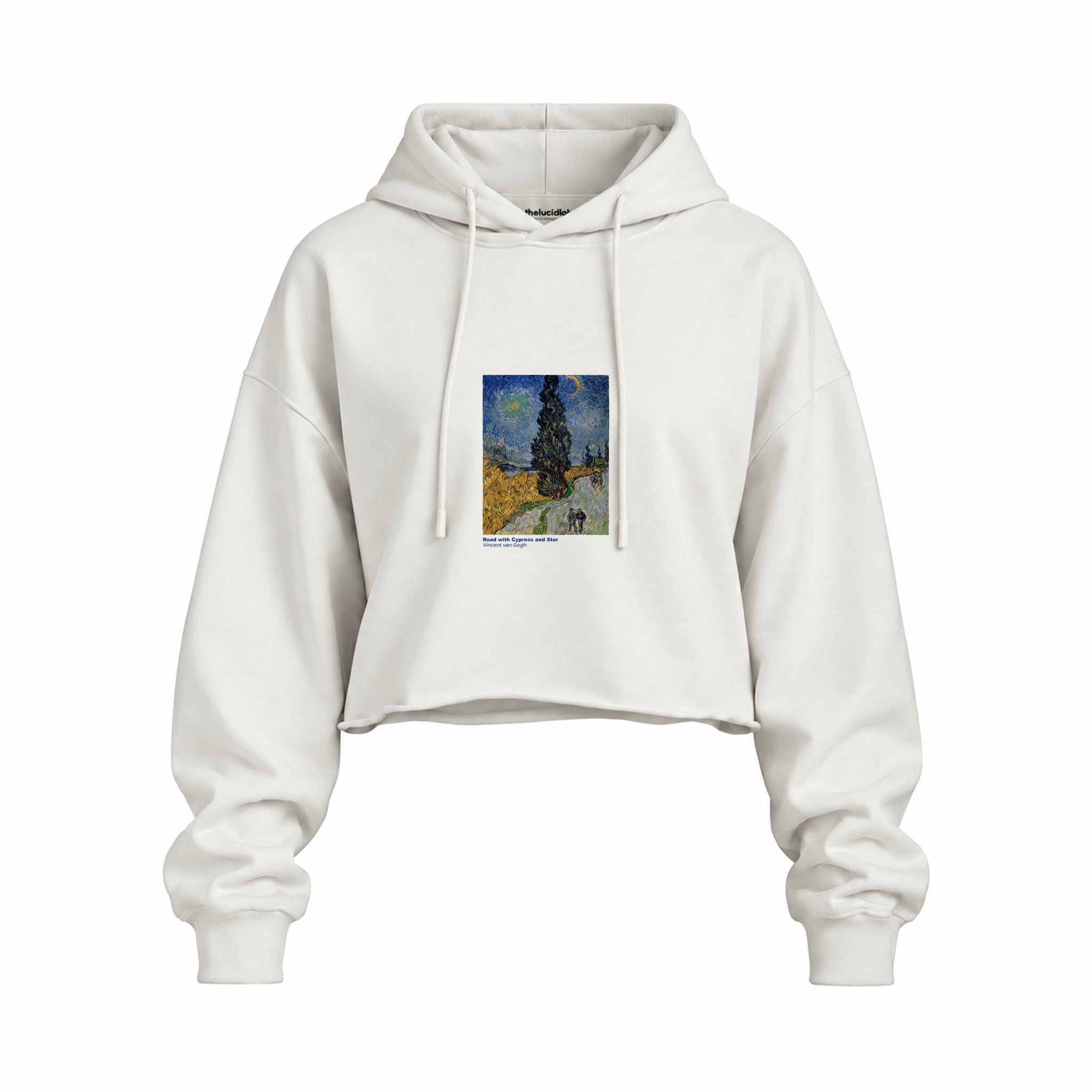 Road with Cypress and Star Oversize Crop Hoodie – Beyaz
