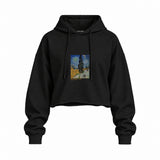 Road with Cypress and Star Oversize Crop Hoodie – Siyah