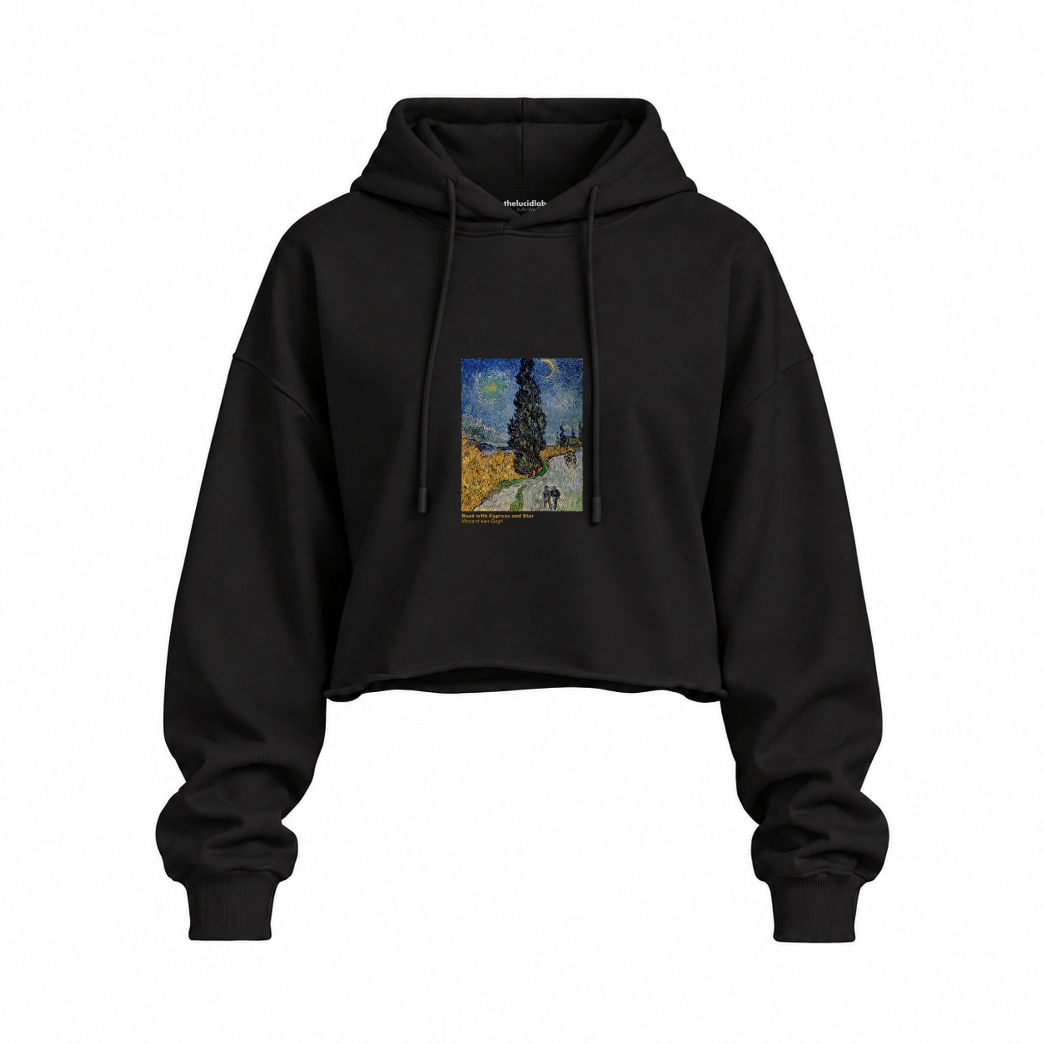 Road with Cypress and Star Oversize Crop Hoodie – Siyah