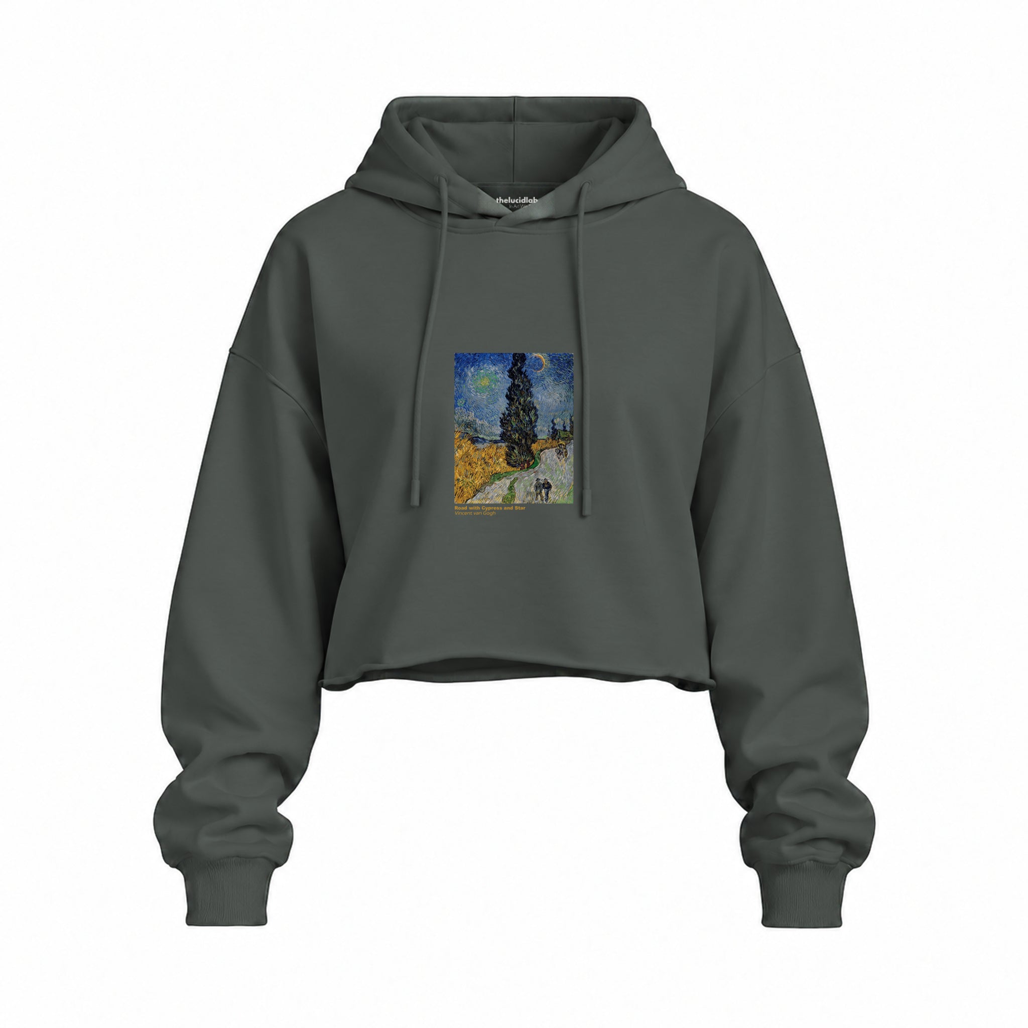 Road with Cypress and Star Oversize Crop Hoodie – Antrasit