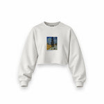Road with Cypress and Star Oversize Crop Sweatshirt – Beyaz