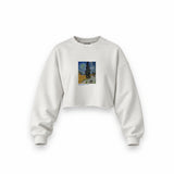 Road with Cypress and Star Oversize Crop Sweatshirt – Beyaz