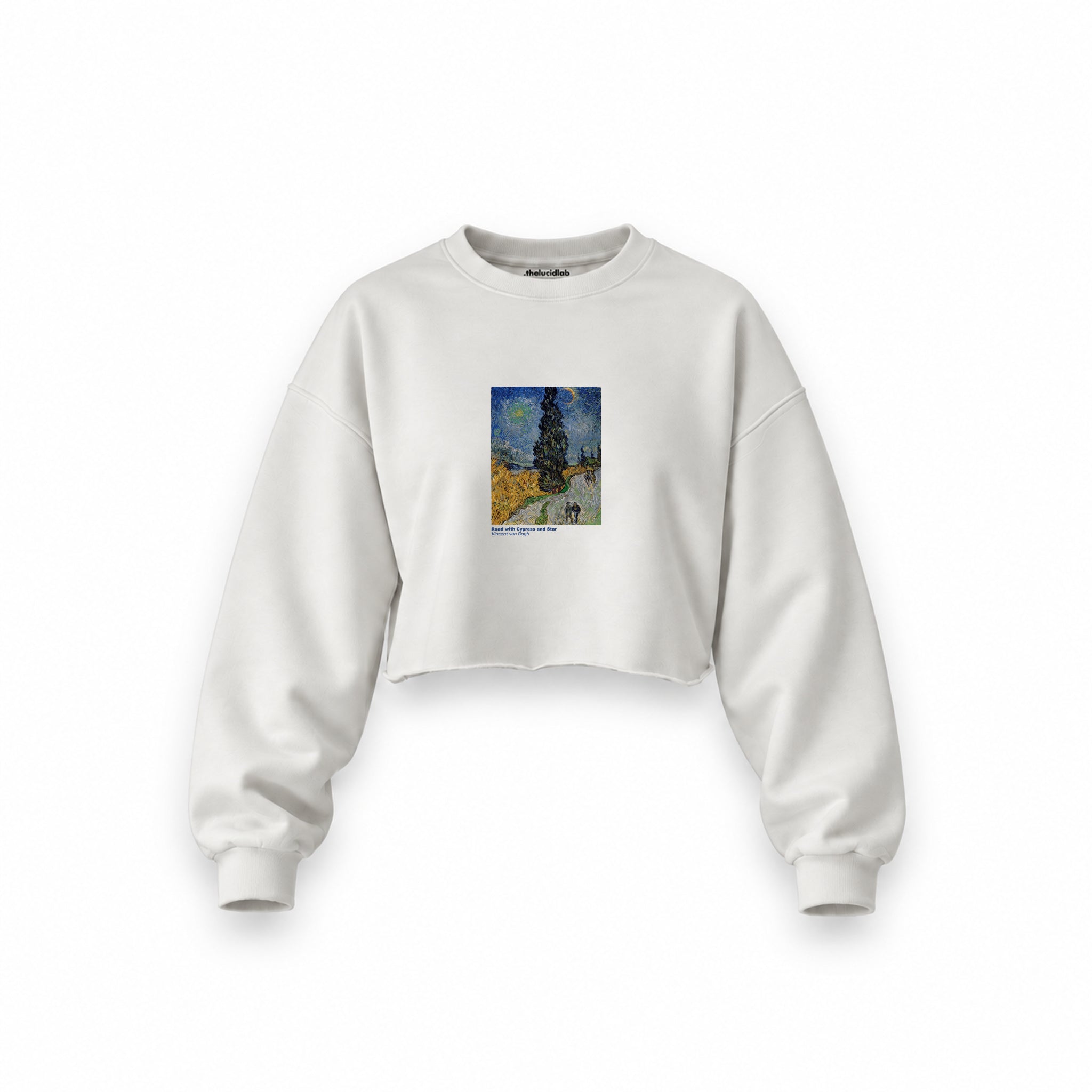 Road with Cypress and Star Oversize Crop Sweatshirt – Beyaz