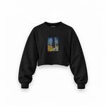 Road with Cypress and Star Oversize Crop Sweatshirt – Siyah