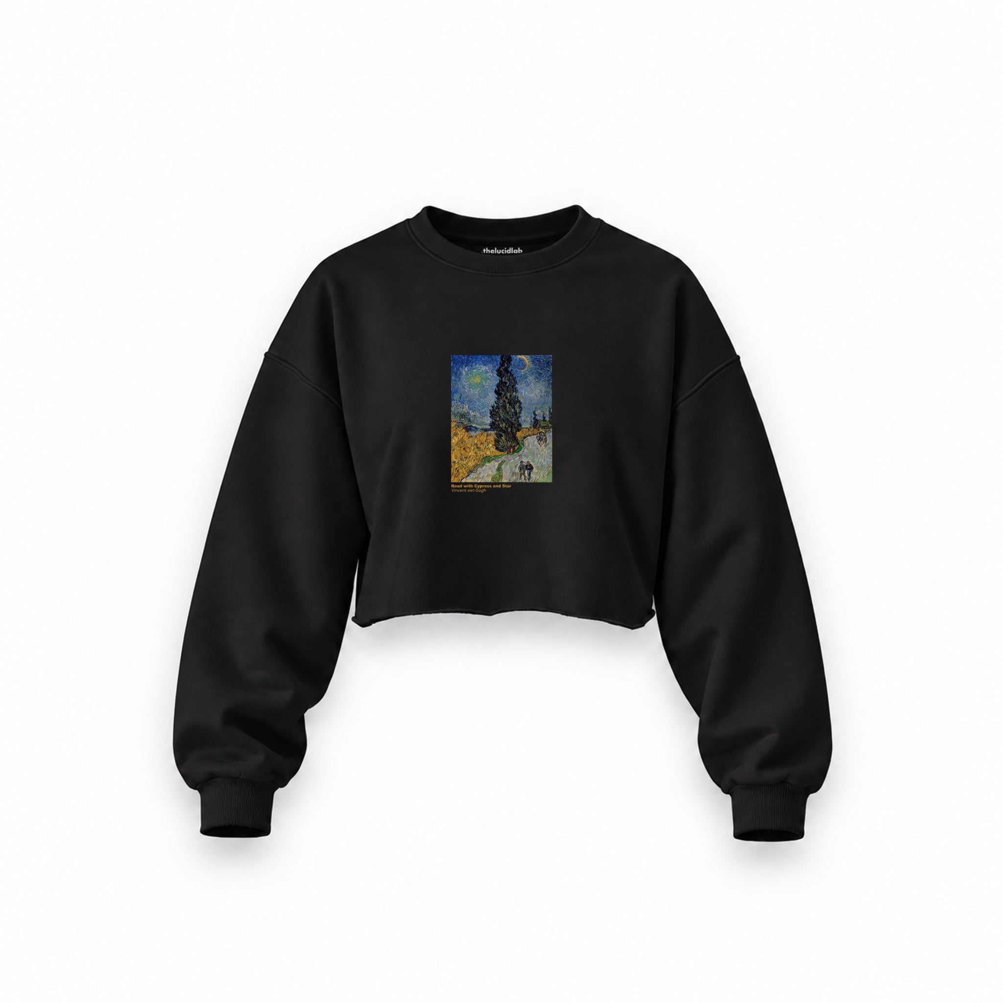 Road with Cypress and Star Oversize Crop Sweatshirt – Siyah