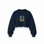 Road with Cypress and Star Oversize Crop Sweatshirt – Lacivert
